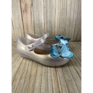 Mini Melissa Girls Size 10 Jelly Shoes Gold Sparkle Blue Butterflies